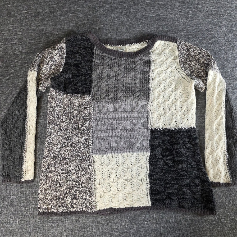 Bob Timberlake XXL Patchwork Cable Knit Sweater Gray Cream Chunky Crewneck